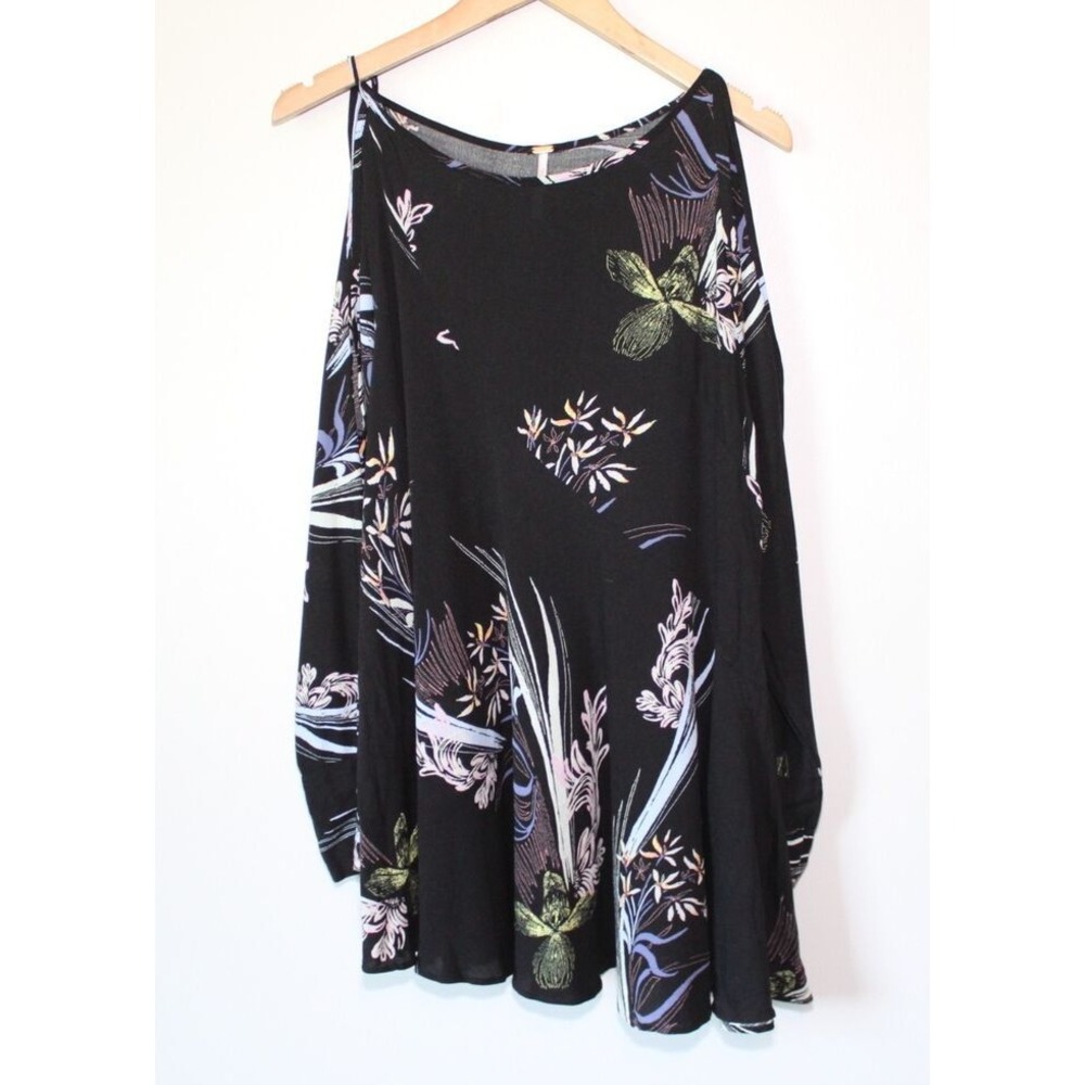 Free People Clear Skies Floral Cold Shoulder Tunic Top Mini Dress Black Size XS - Picture 2 of 12